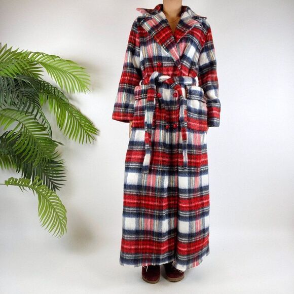 Vintage 70s Sears Red Flannel Cozy Cabincore Full Length Belted House Robe / M/L - Picture 6 of 8